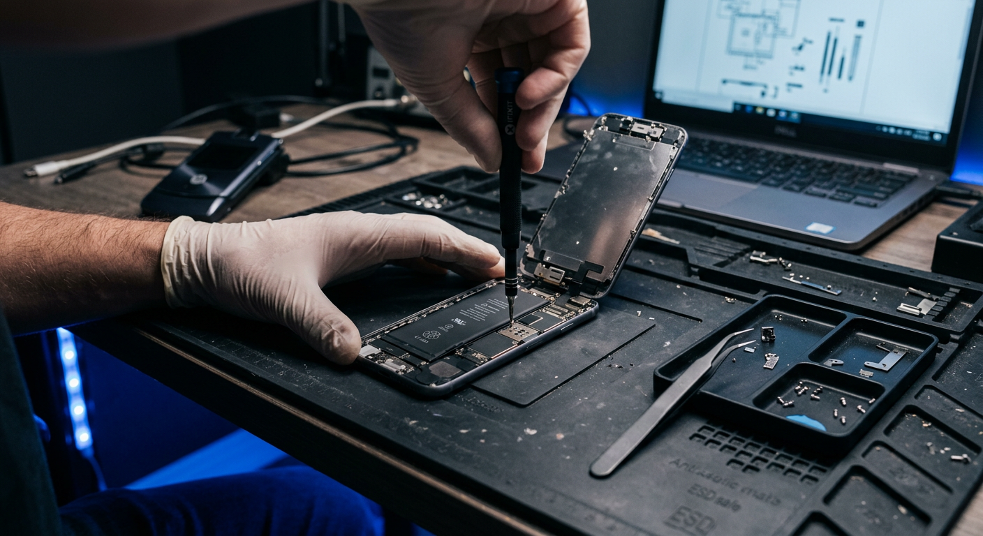 A technician repairing an opened smartphone at the repair bench